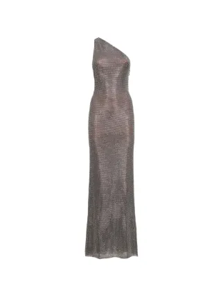 grey metallic one shoulder dress Self-Portrait Rhinestone one-shoulder Maxi | Silver dark grey dress for wedding