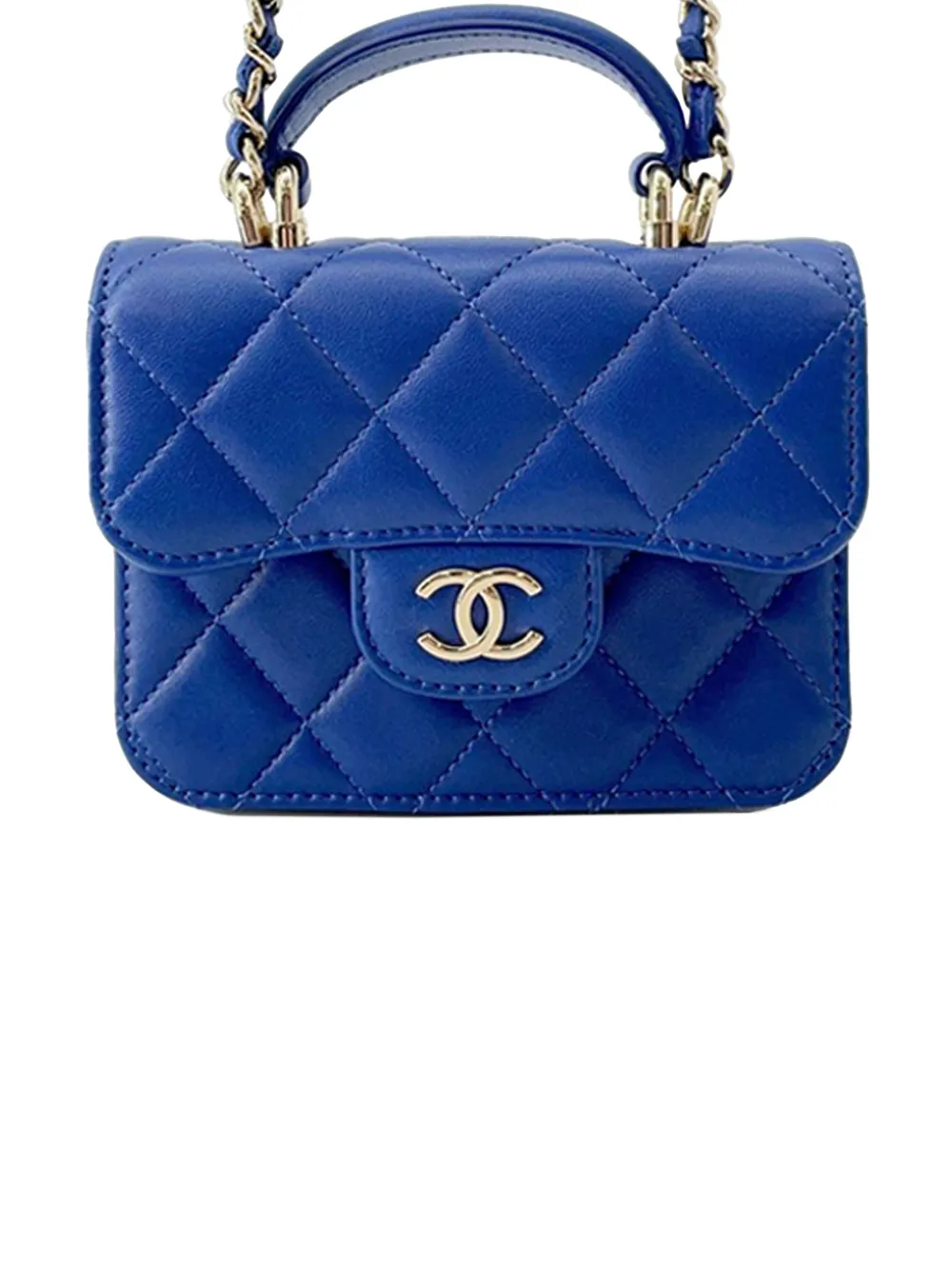 CHANEL Pre-Owned 2021 CC Quilted Lambskin Top Handle Flap Coin Purse with Chain satchel - Blu