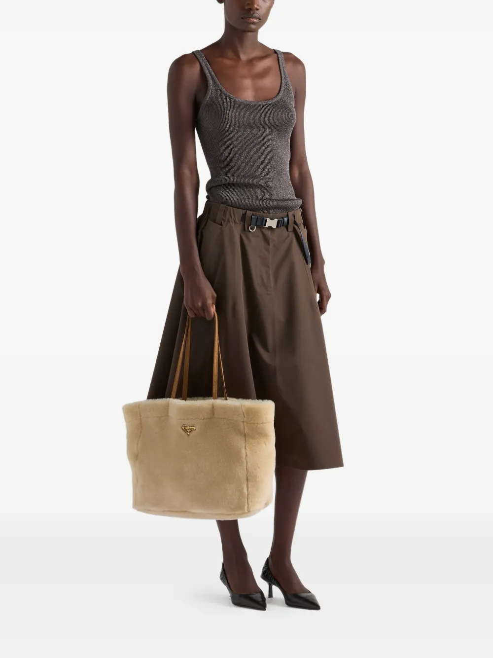  Prada Large Shearling Tote Bag - Neutrals 