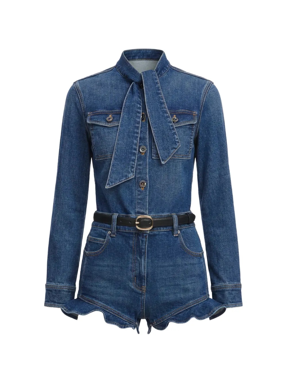 Self-Portrait pussy-bow ruffled playsuit - Blu