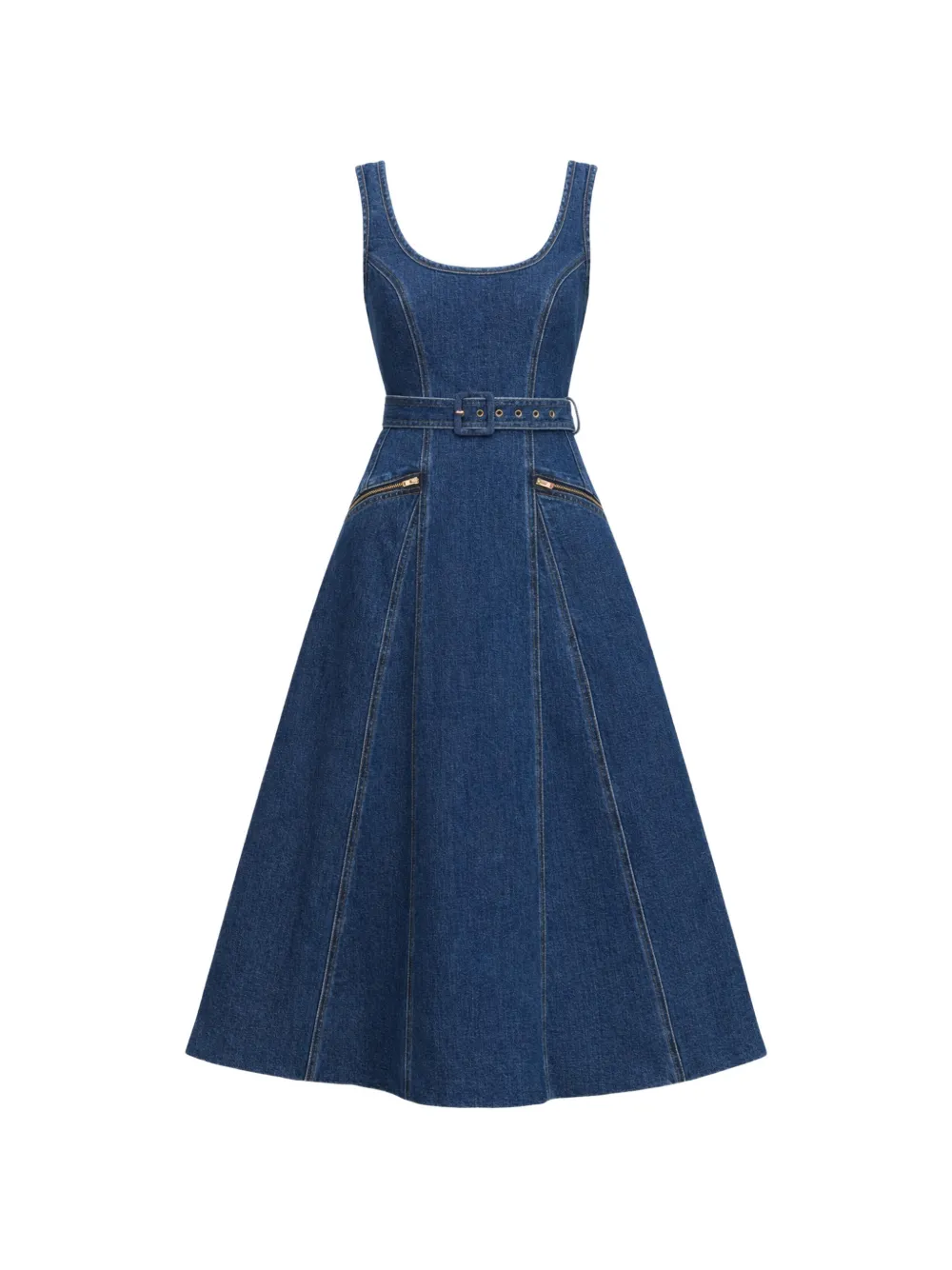 Self-Portrait belt-detail flared midi denim dress - Blu