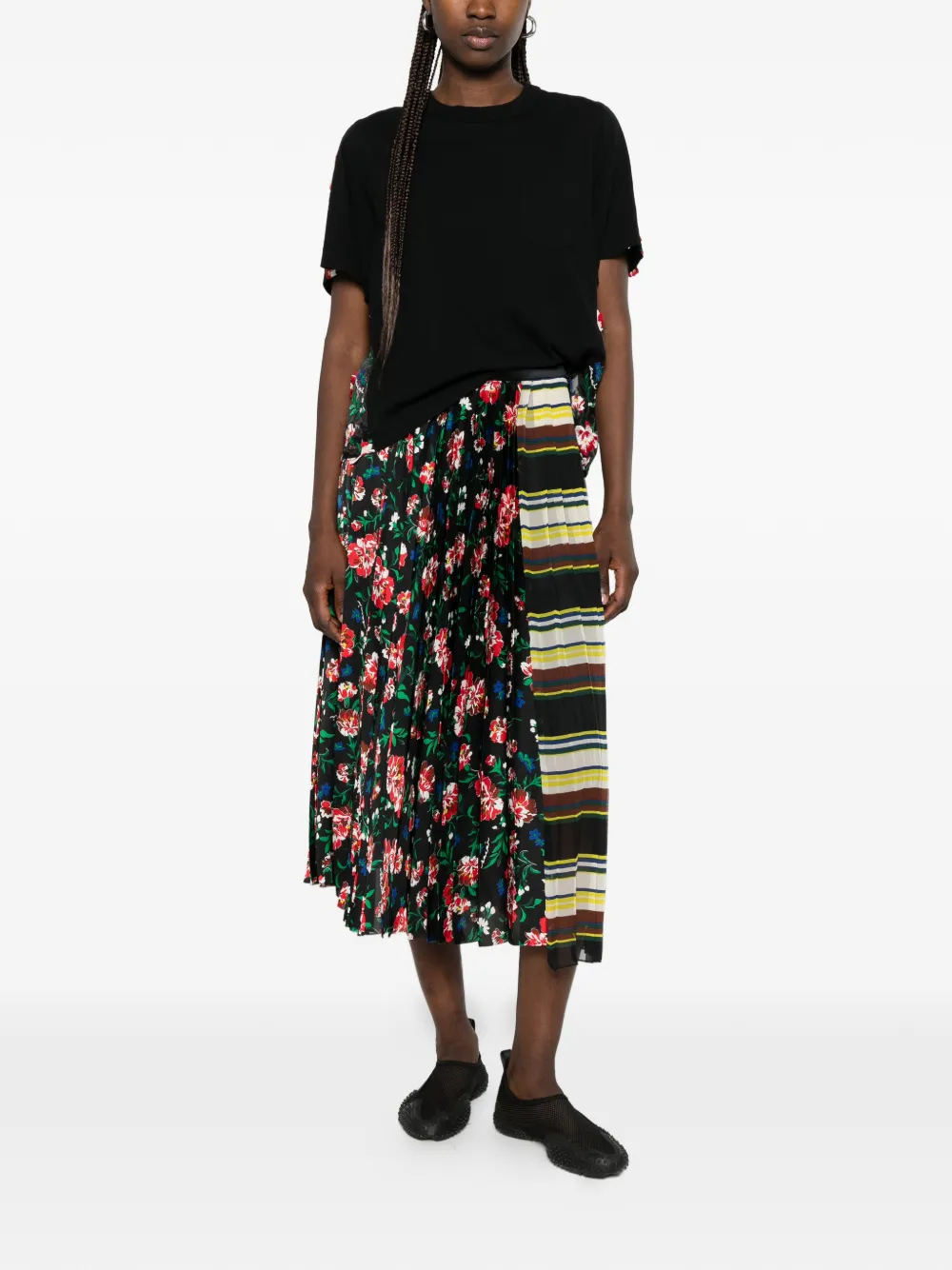 Sacai floral-print pleated-design Midi Skirt | Black | FARFETCH