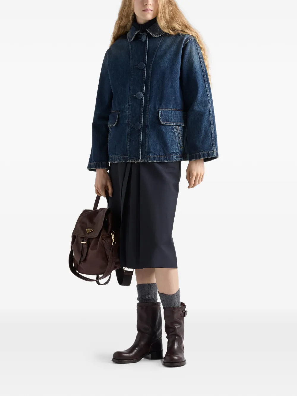  Prada Washed Denim Blouson Jacket - Blue 