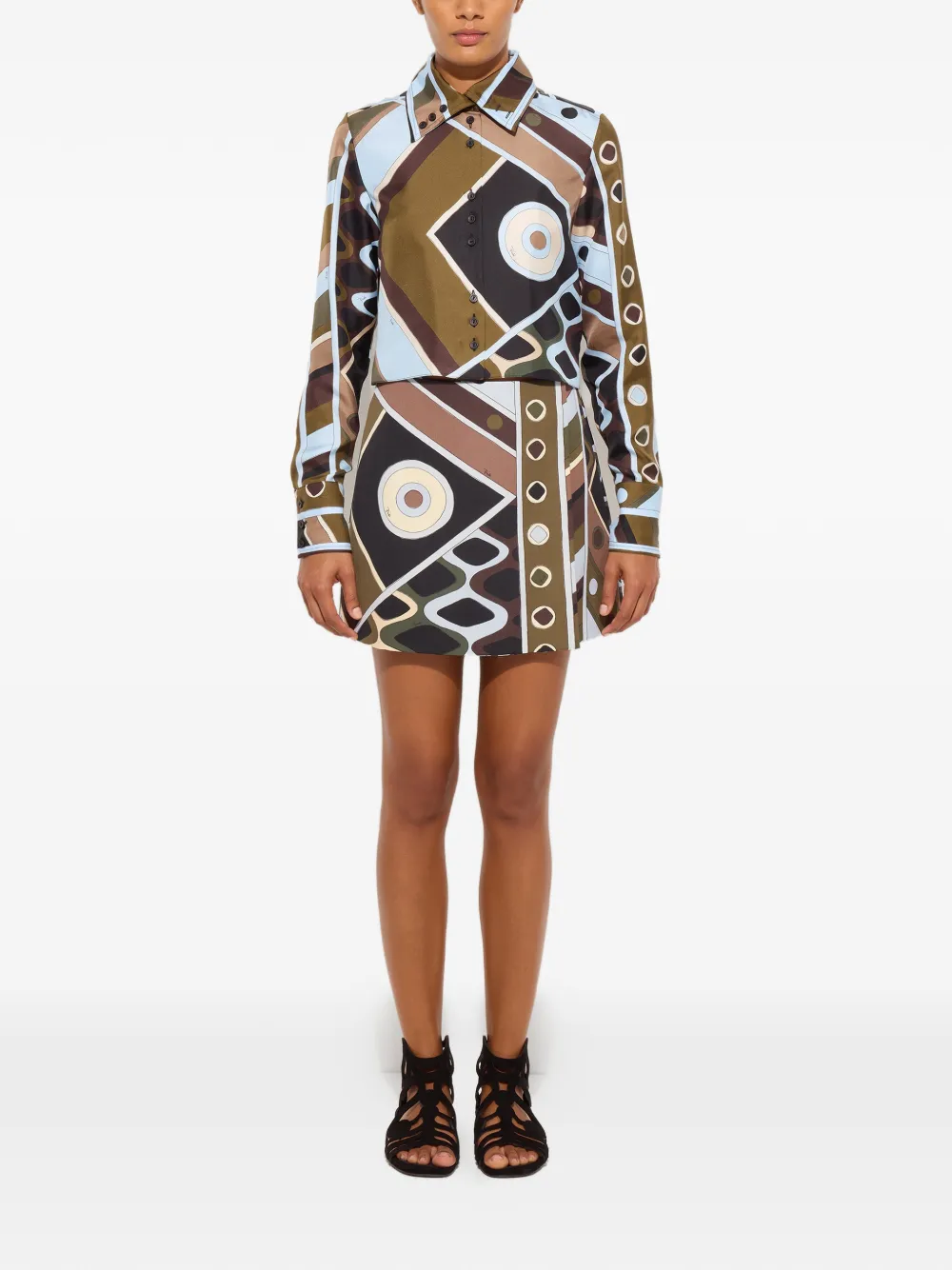  Pucci Vivara-print Silk Crop Shirt - Brown 