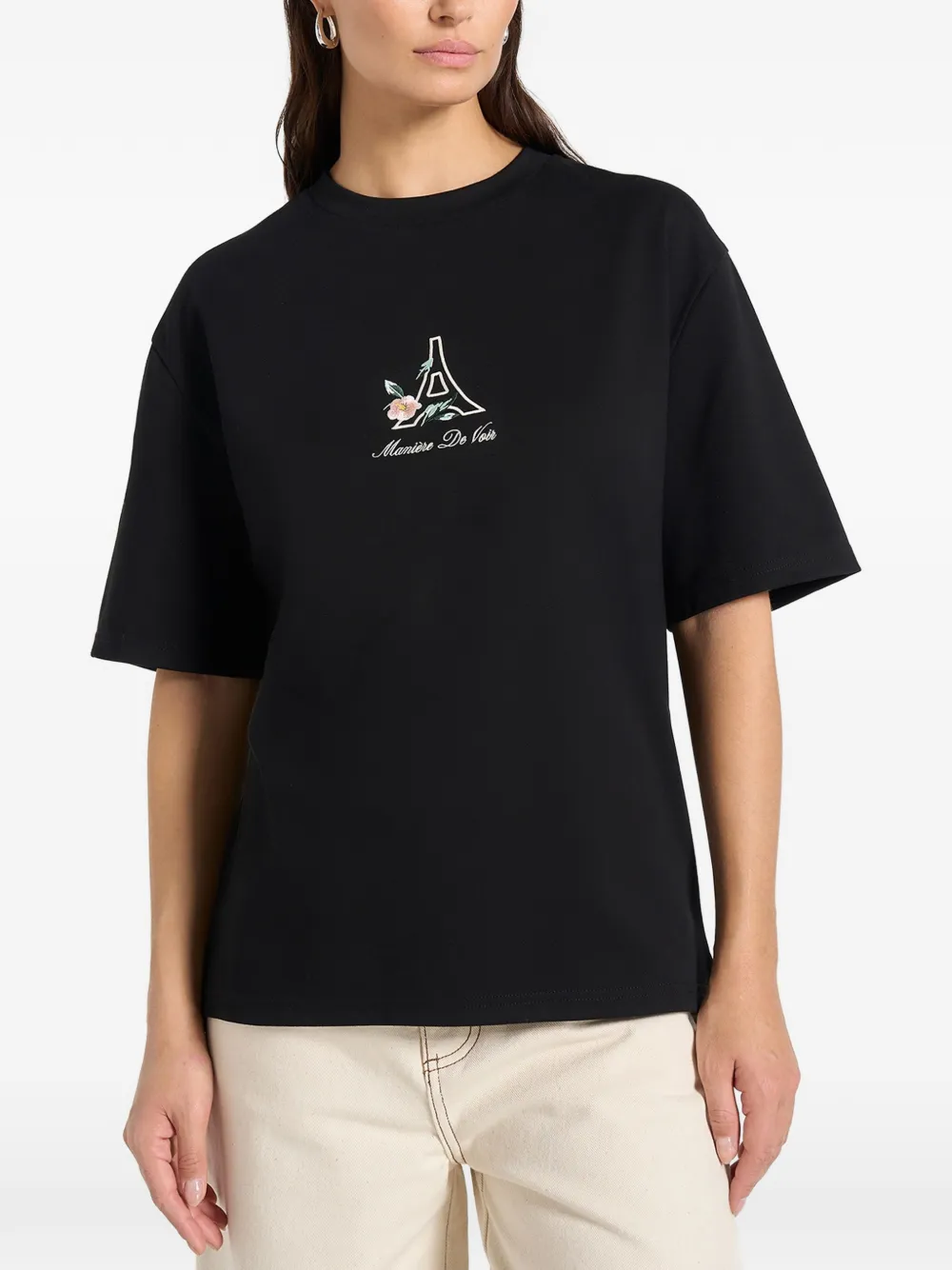 Manière De Voir TS008 katoenen T-shirt met bloemen Eiffel Zwart