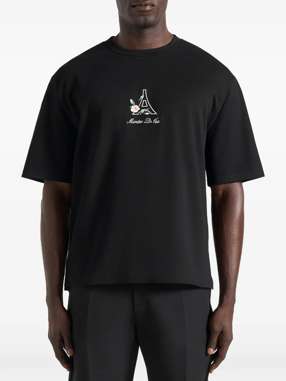 Manière De Voir TS008 katoenen T-shirt met bloemen Eiffel Zwart