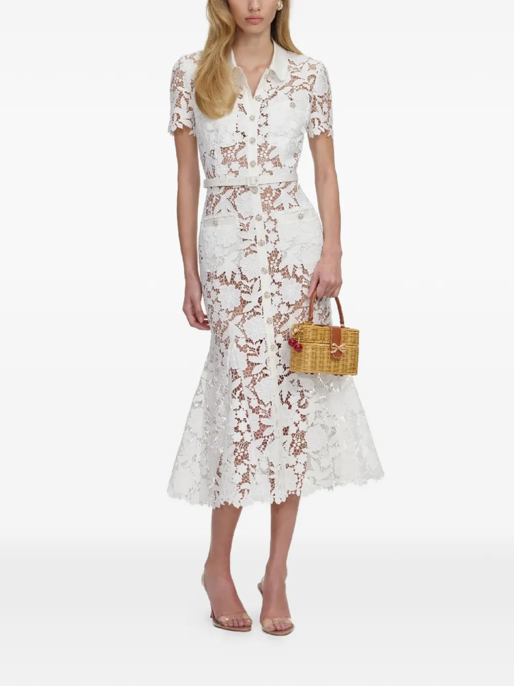  Self-portrait Floral Lace Collared Midi Dress - White 