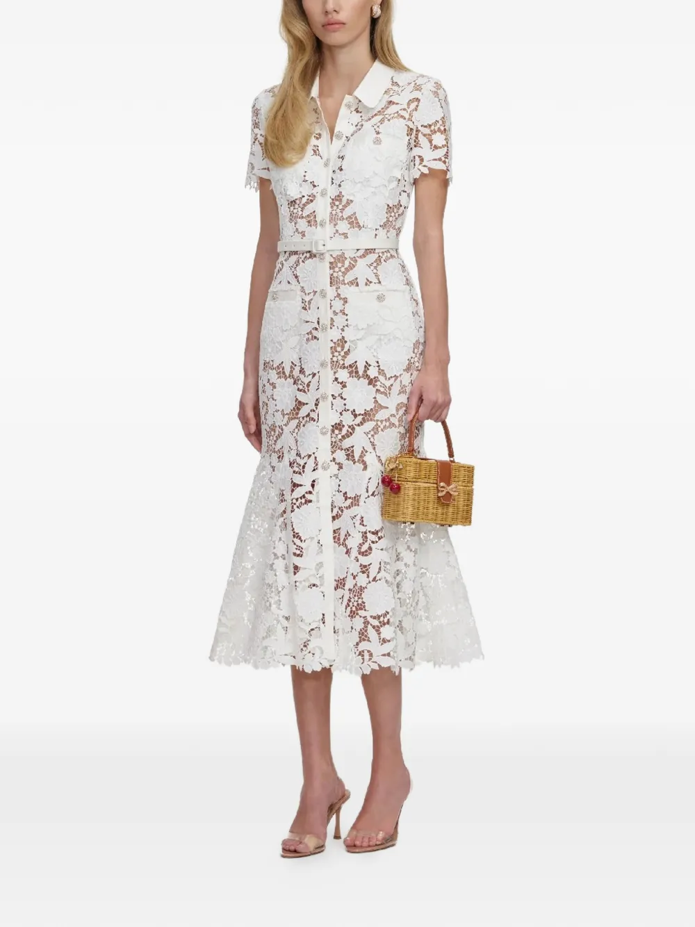  Self-portrait Floral Lace Collared Midi Dress - White 
