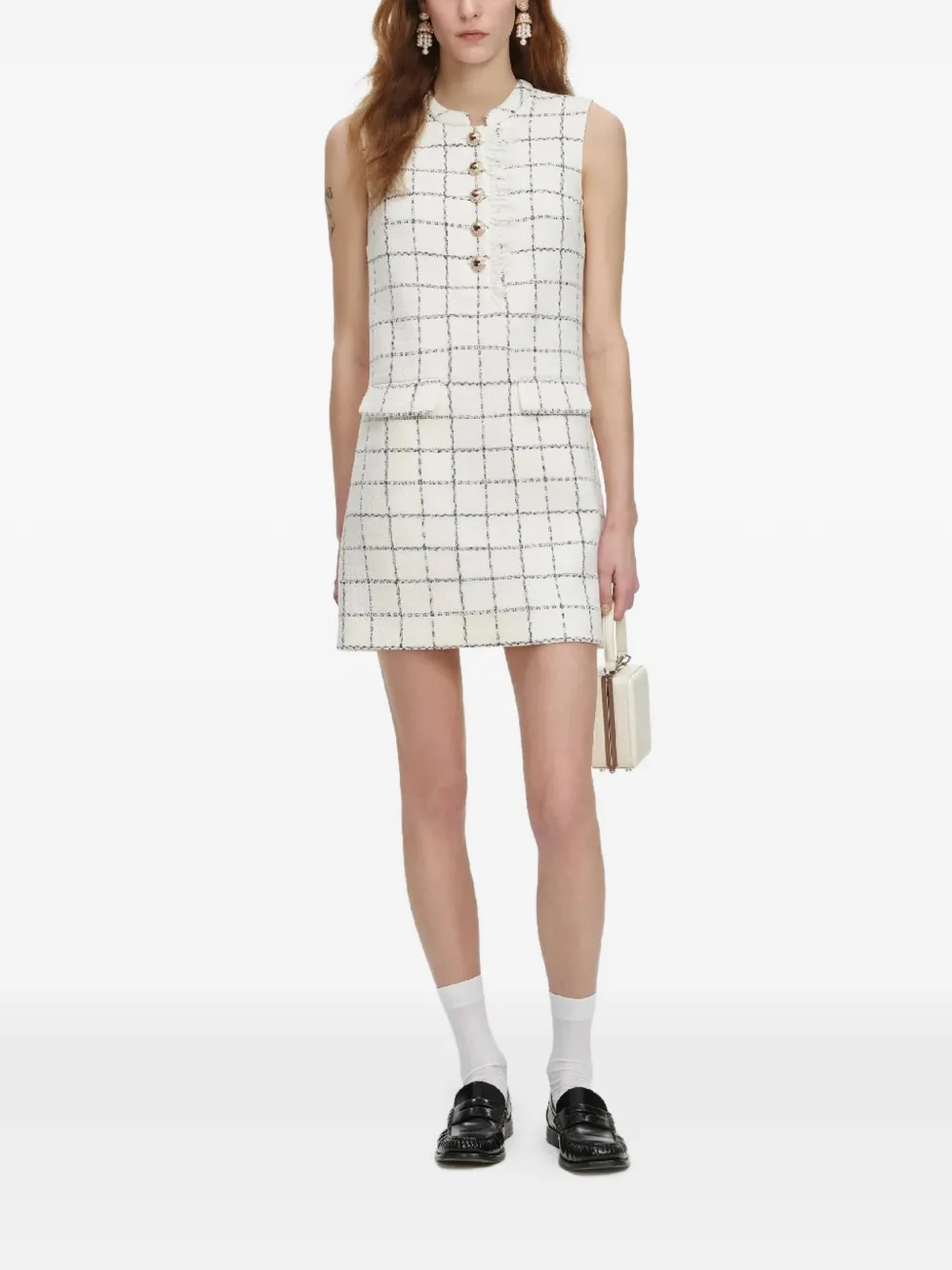 Self-Portrait check button mini dress - Bianco