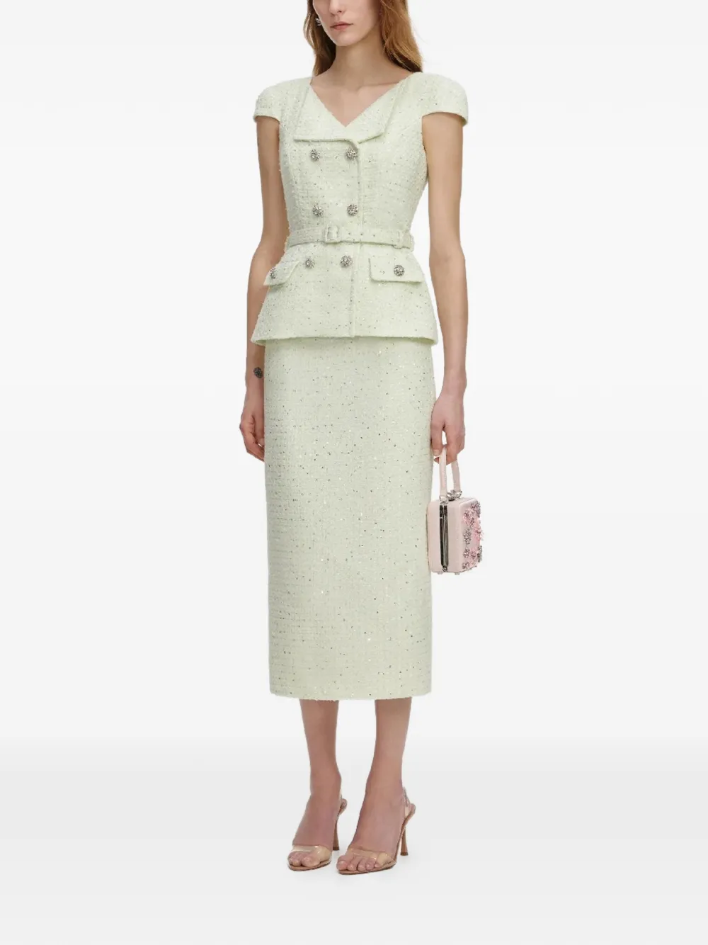 Button Belted Boucle Midi Dress
