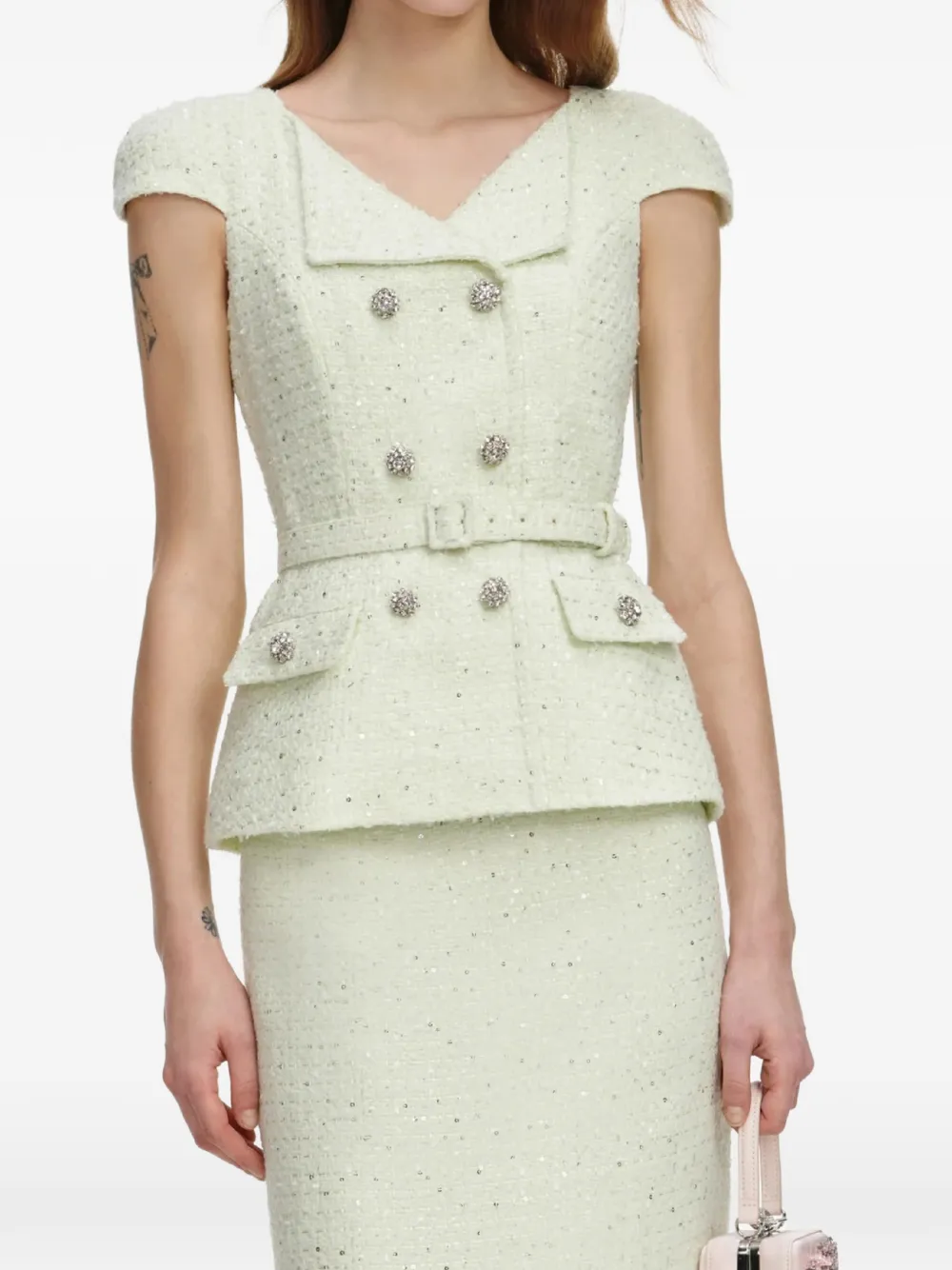 Button Belted Boucle Midi Dress