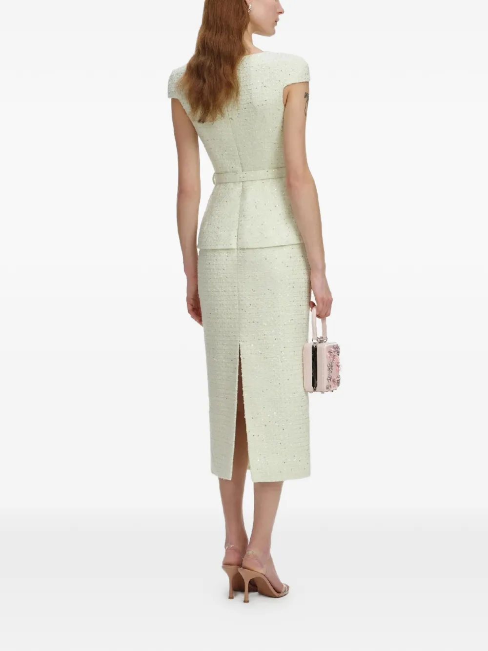 Button Belted Boucle Midi Dress