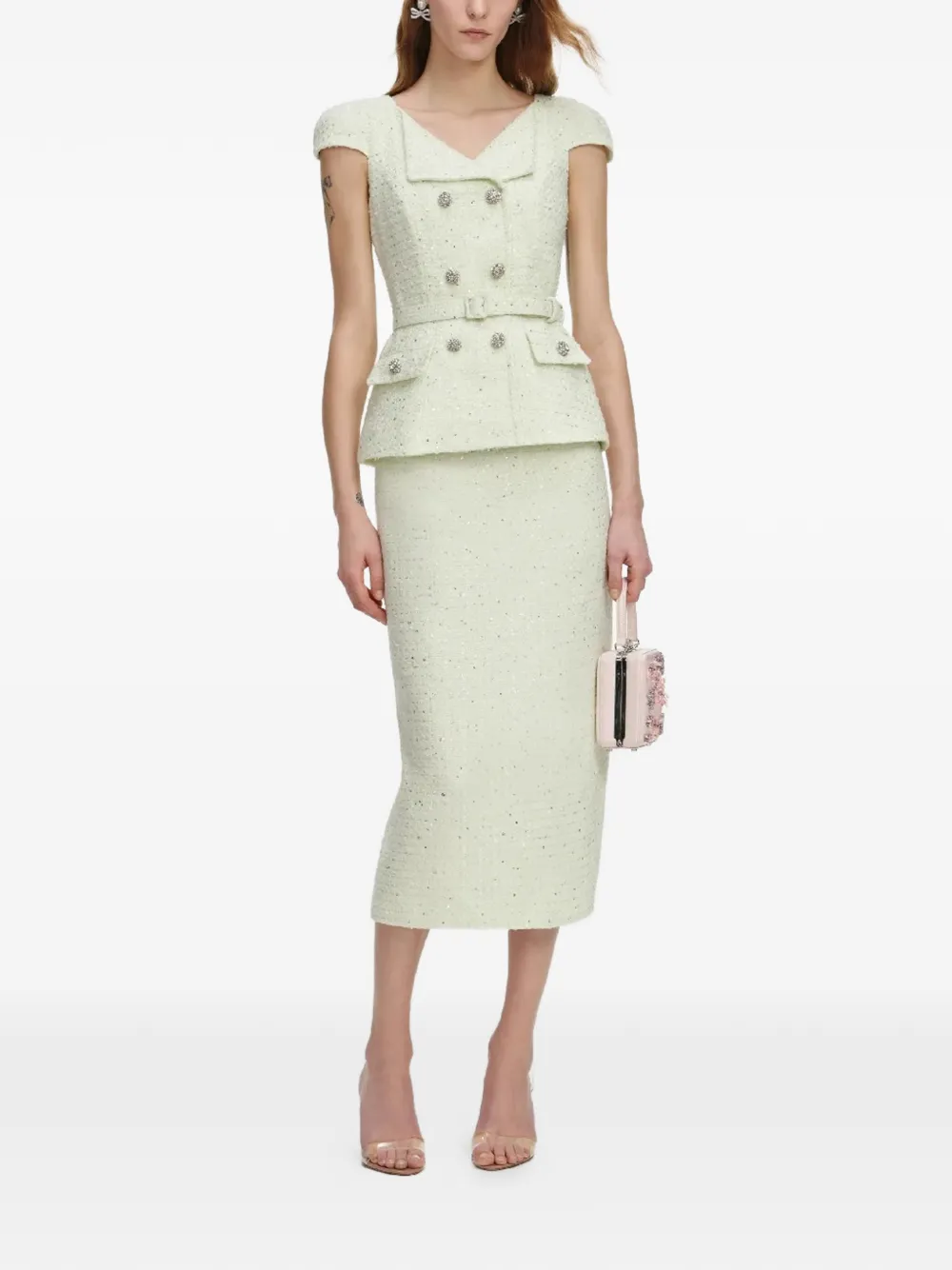 Self-Portrait button belted boucle midi dress - Verde