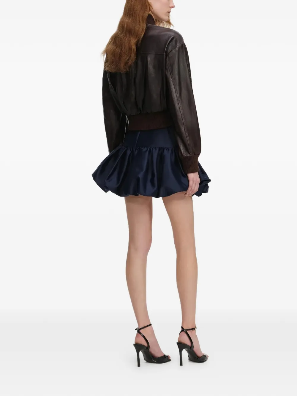  Self-portrait Ribbed Leather Bomber Jacket - Brown 