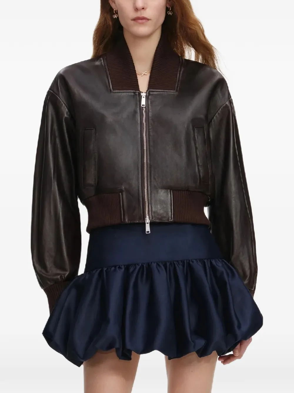 Self-Portrait ribbed leather bomber jacket - Marrone