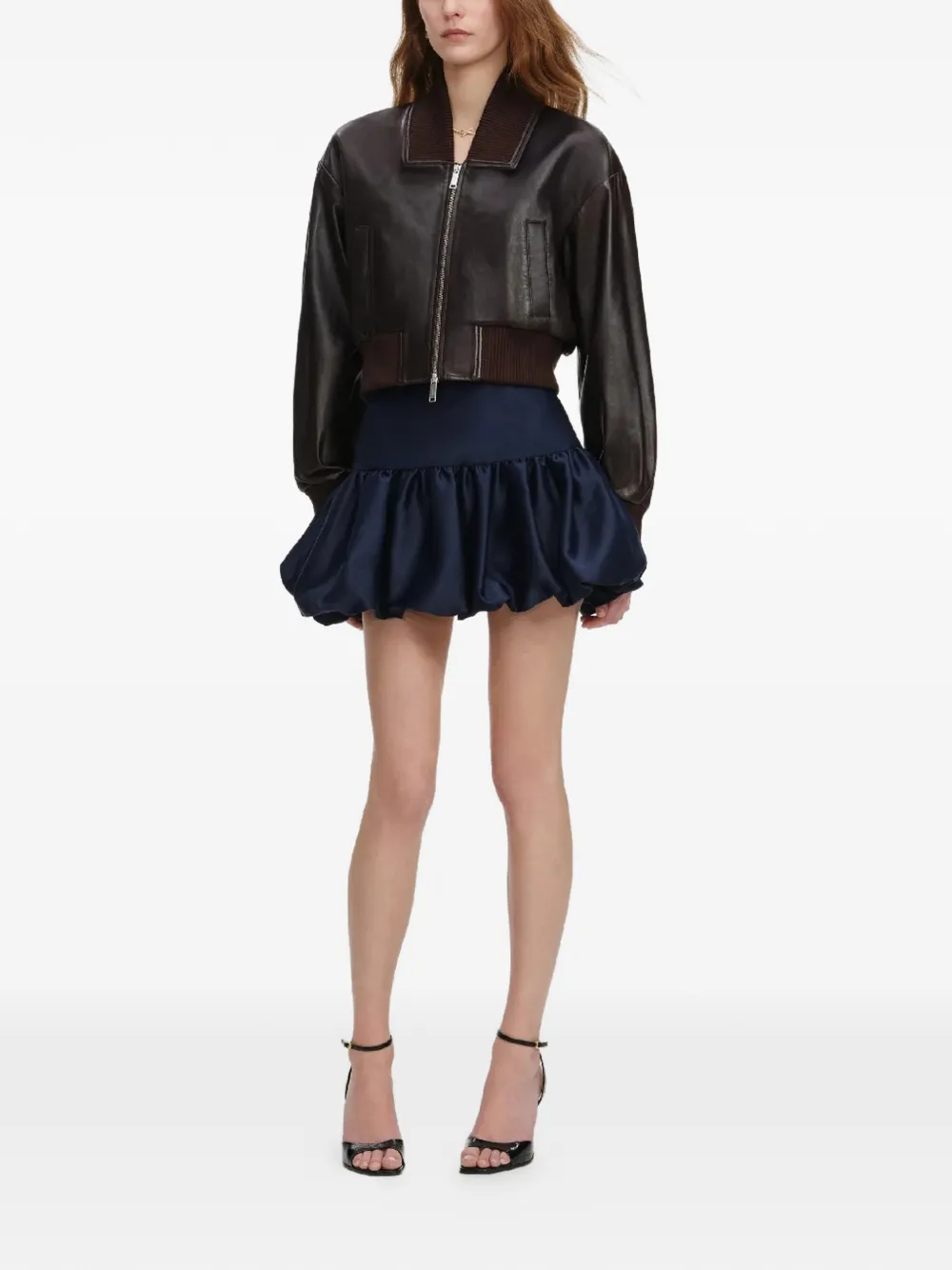  Self-portrait Ribbed Leather Bomber Jacket - Brown 