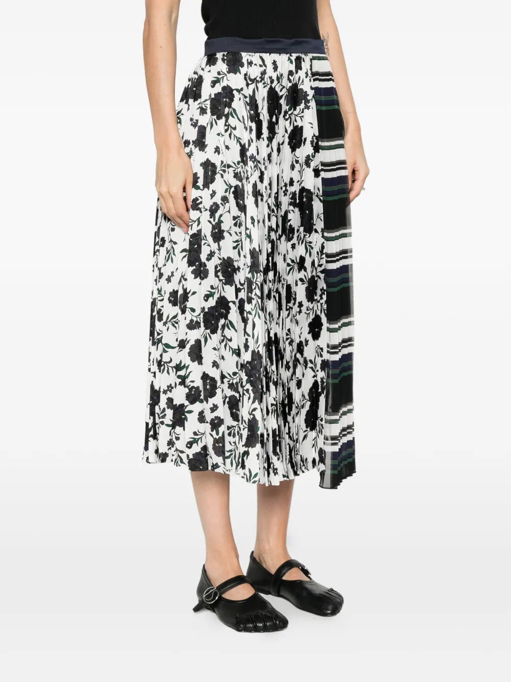  Sacai Mix-print Pleated Midi Skirt - Blue 