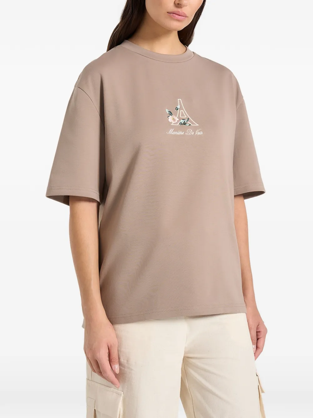 Manière De Voir TS008 katoenen T-shirt met bloemen Eiffel Beige