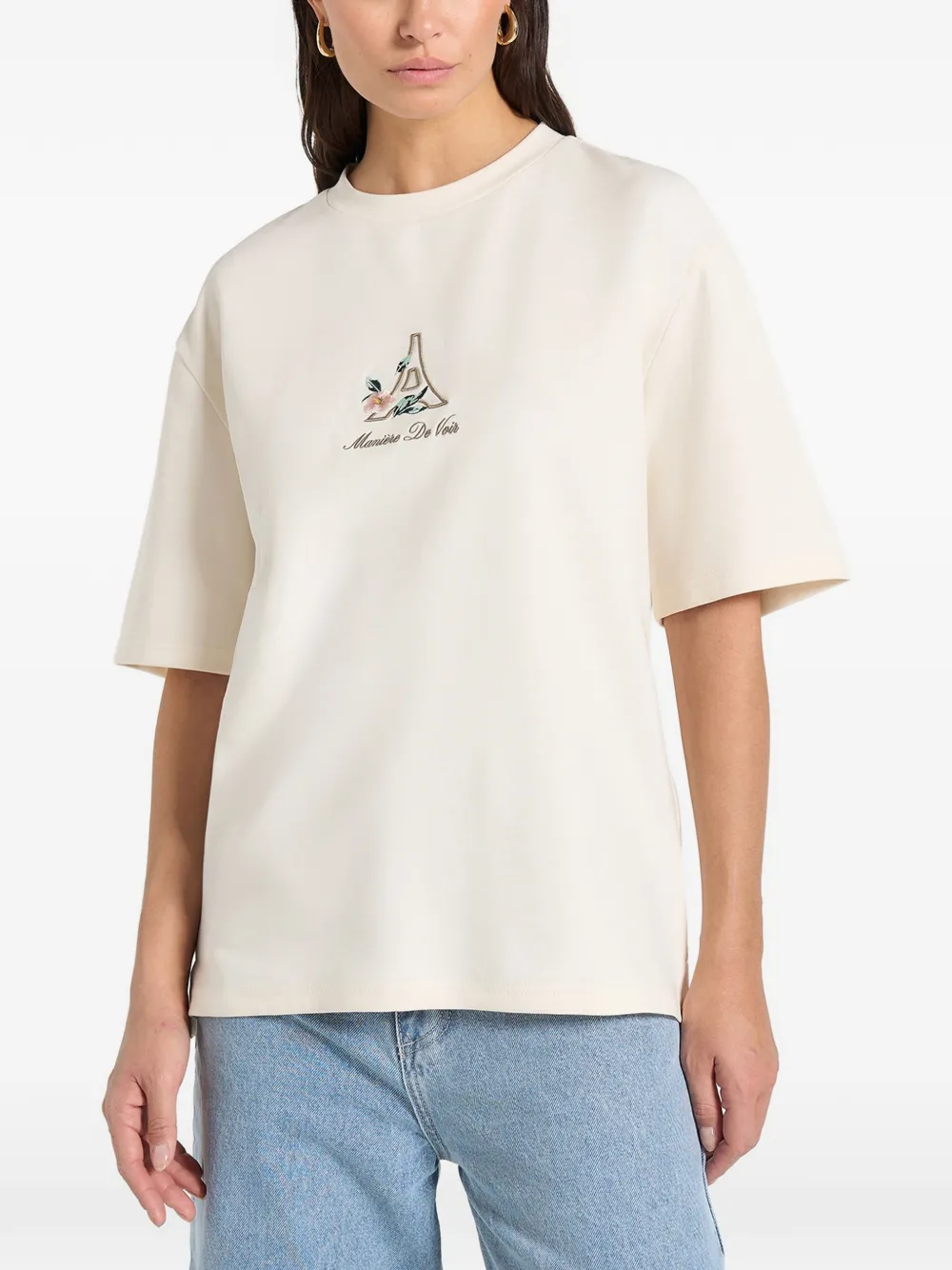Manière De Voir TS008 katoenen T-shirt met bloemen Eiffel Beige
