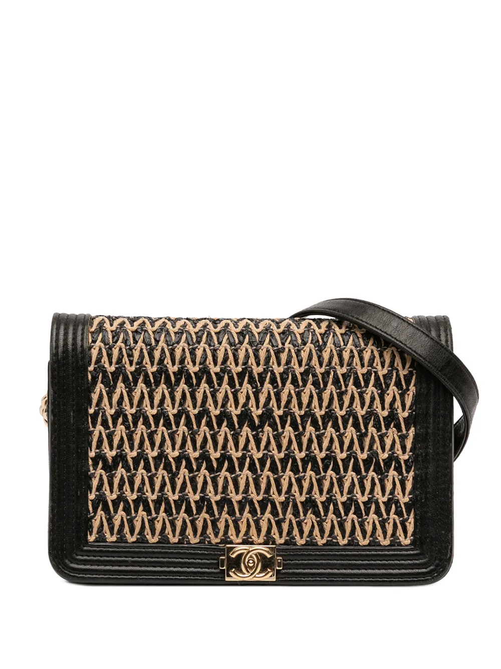 CHANEL Pre-Owned 2019 Lambskin and Woven Raffia Boy Wallet on Chain crossbody bag - Nero