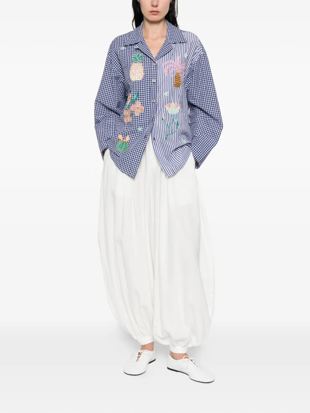  Susanna Blu Gingham Striped Embroidered Shirt - Blue 
