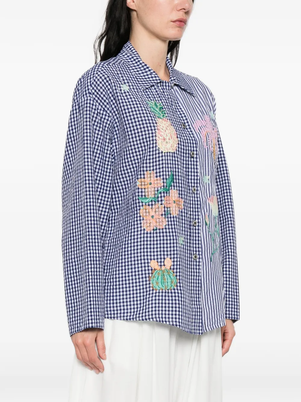 Susanna Blu Gingham Striped Embroidered Shirt - Blue 
