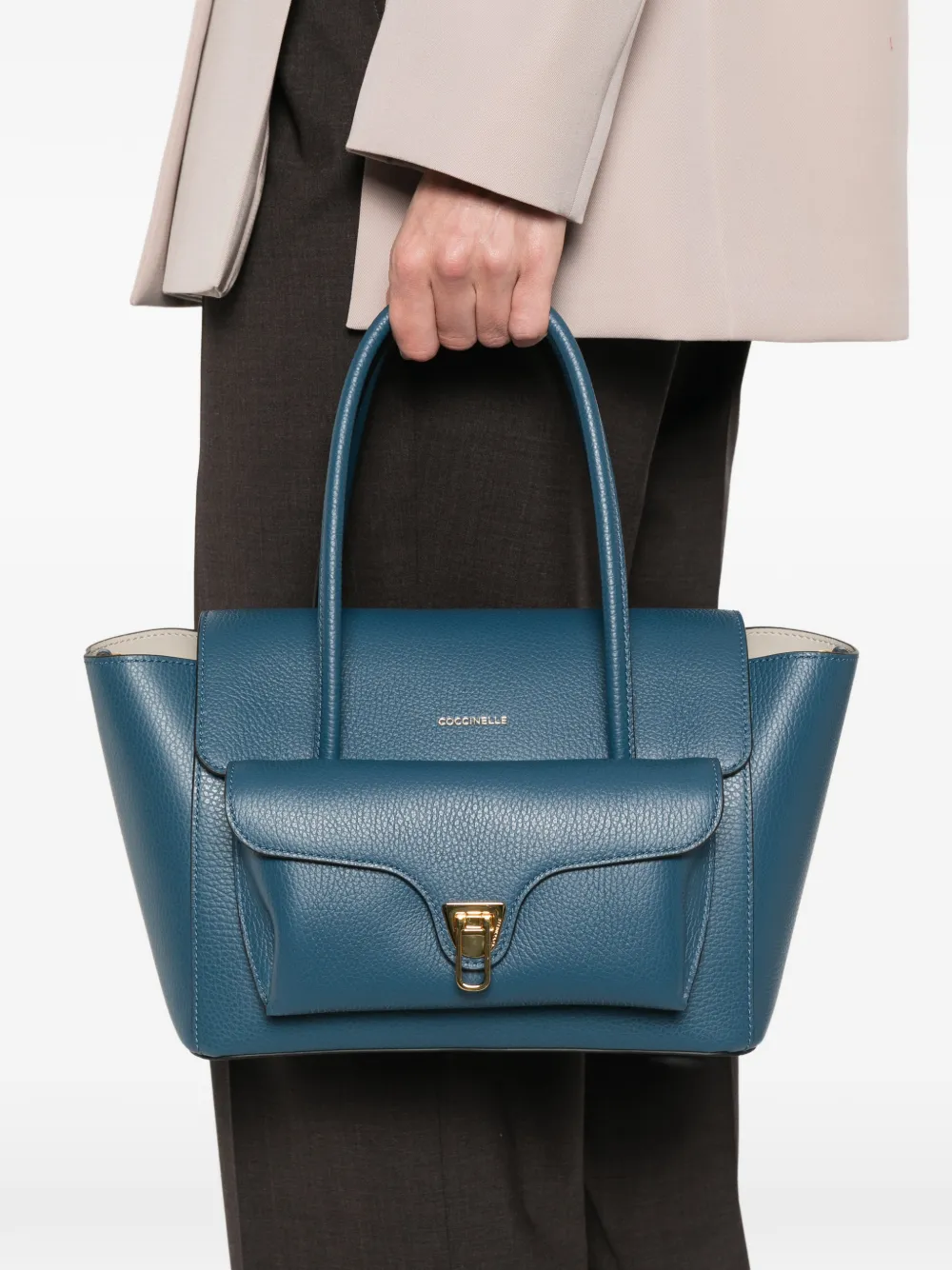  Coccinelle Medium Double Beat Top-handle Leather Tote Bag - Blue 