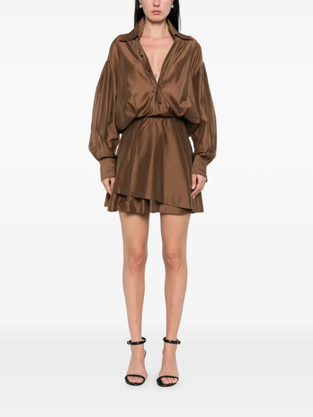 Thelatest Denise Button Mini Dress - Brown 