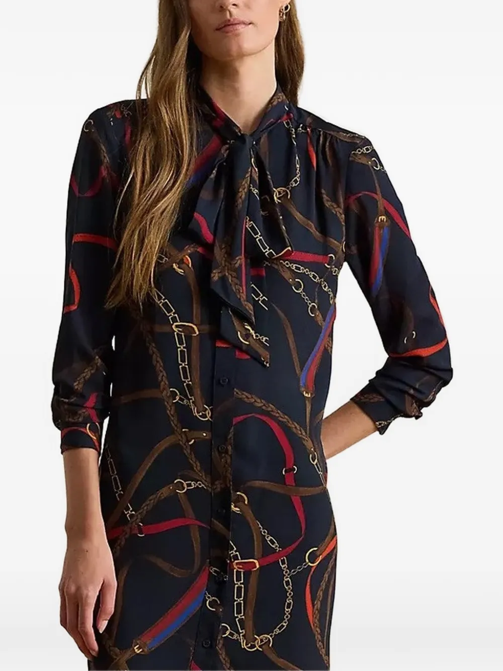 Lauren Ralph Lauren chain print tie neck midi dress - Blu