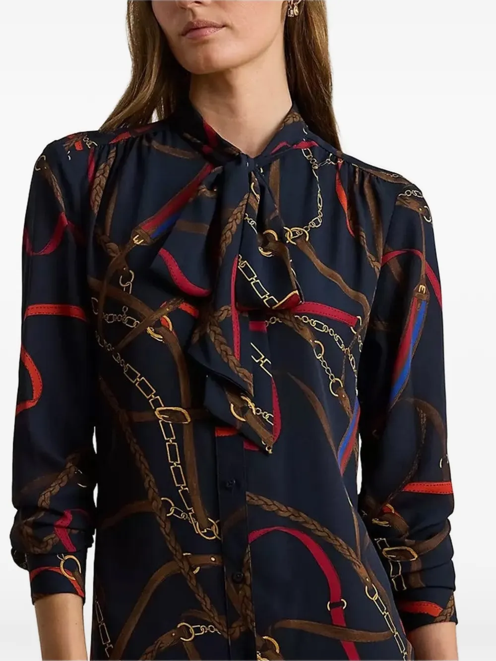 Lauren Ralph Lauren Midi-jurk met kettingprint en gestrikte hals Blauw