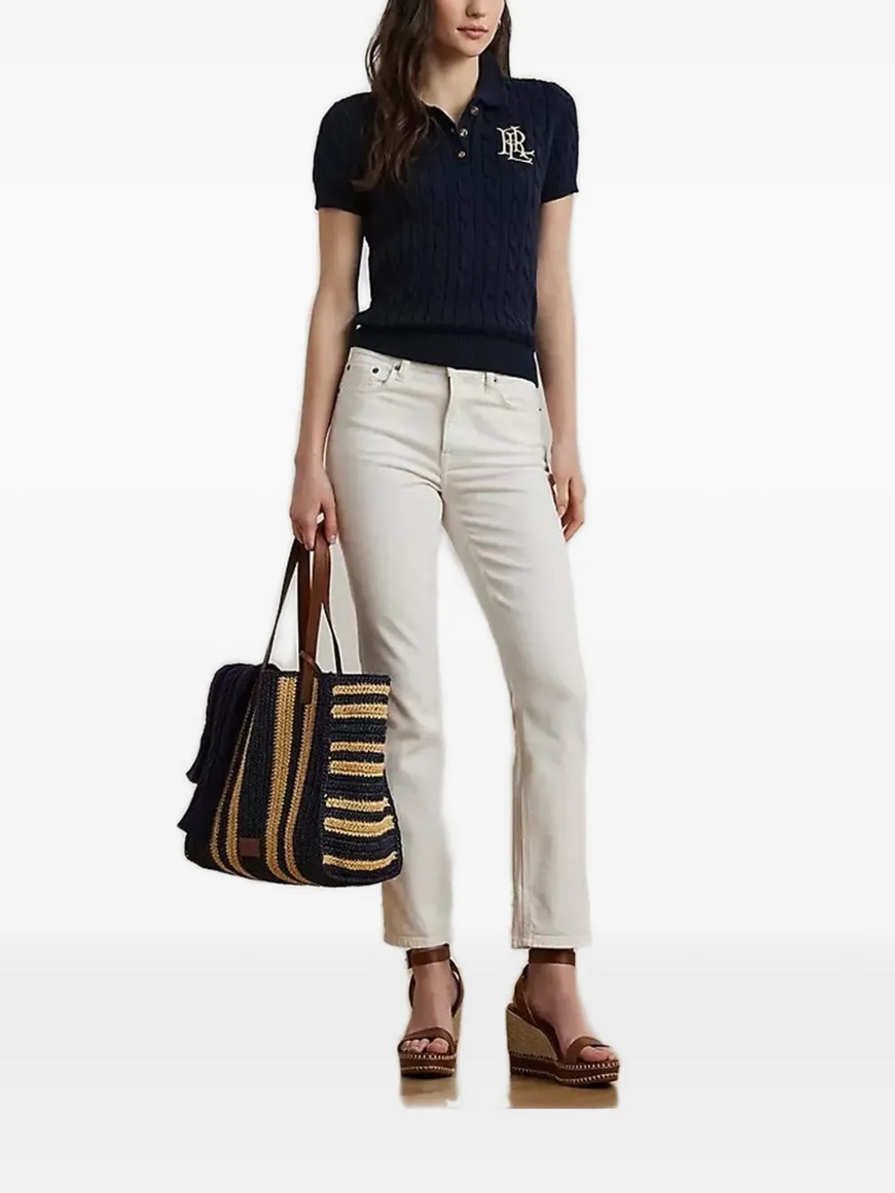  Lauren Ralph Lauren Cable Knit Embroidered Polo Top - Blue 