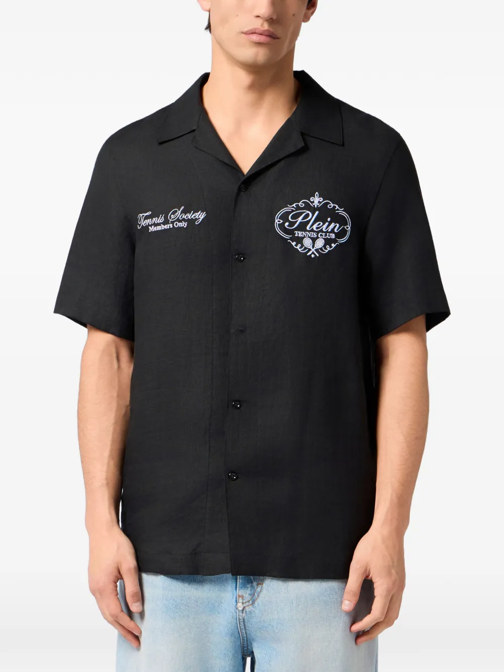 Philipp Plein Tennis Club linnen bowlingshirt Zwart