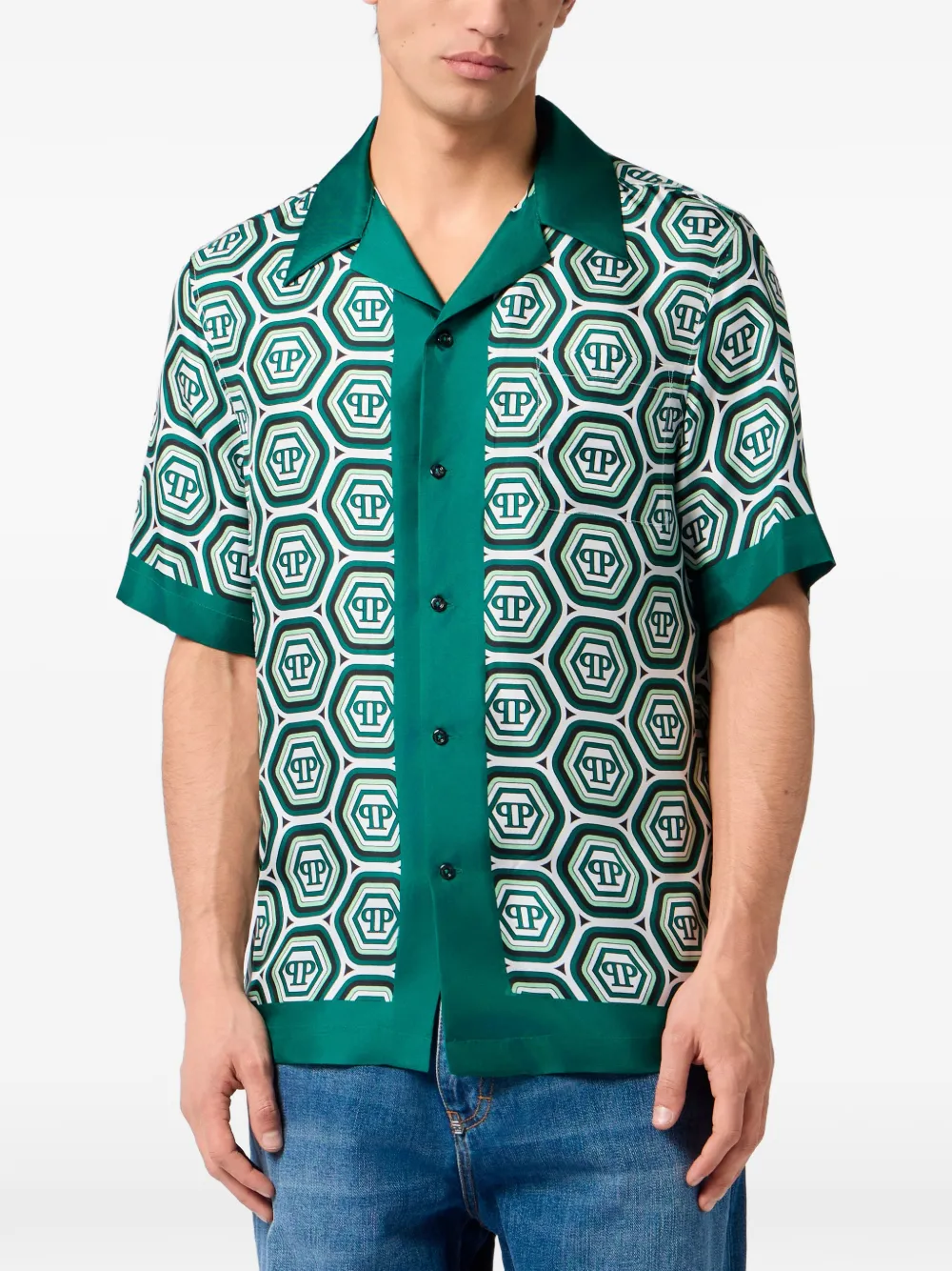 Philipp Plein Zijden bowlingshirt met monogram 70's Groen