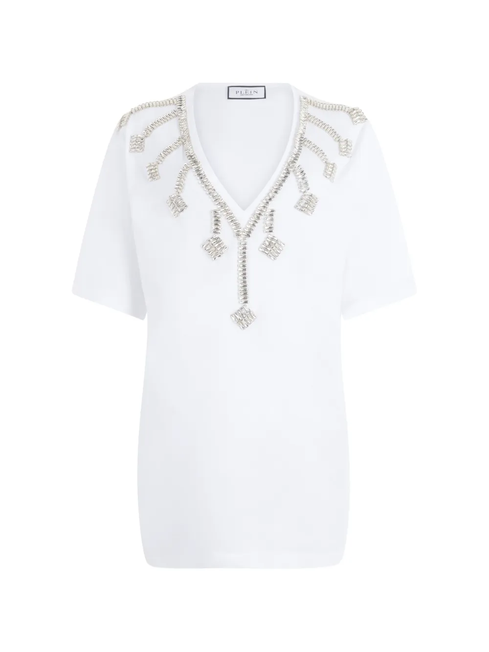 Philipp Plein V-neck crystal fringes T-shirt dress - White