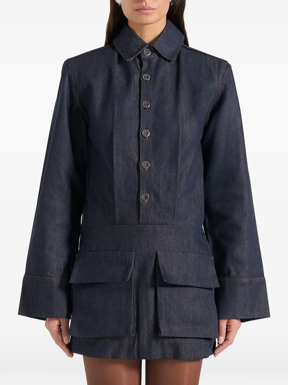 Manière De Voir shoulder pads cargo denim dress - Blu