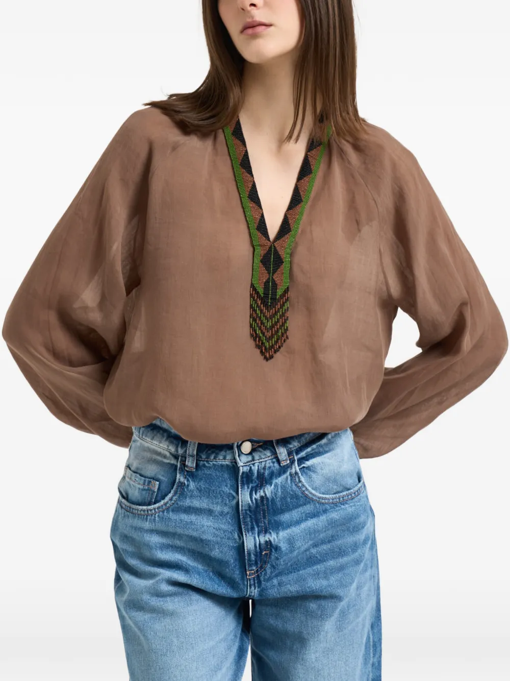 Bazar Deluxe beaded-detail V-neck blouse - Marrone