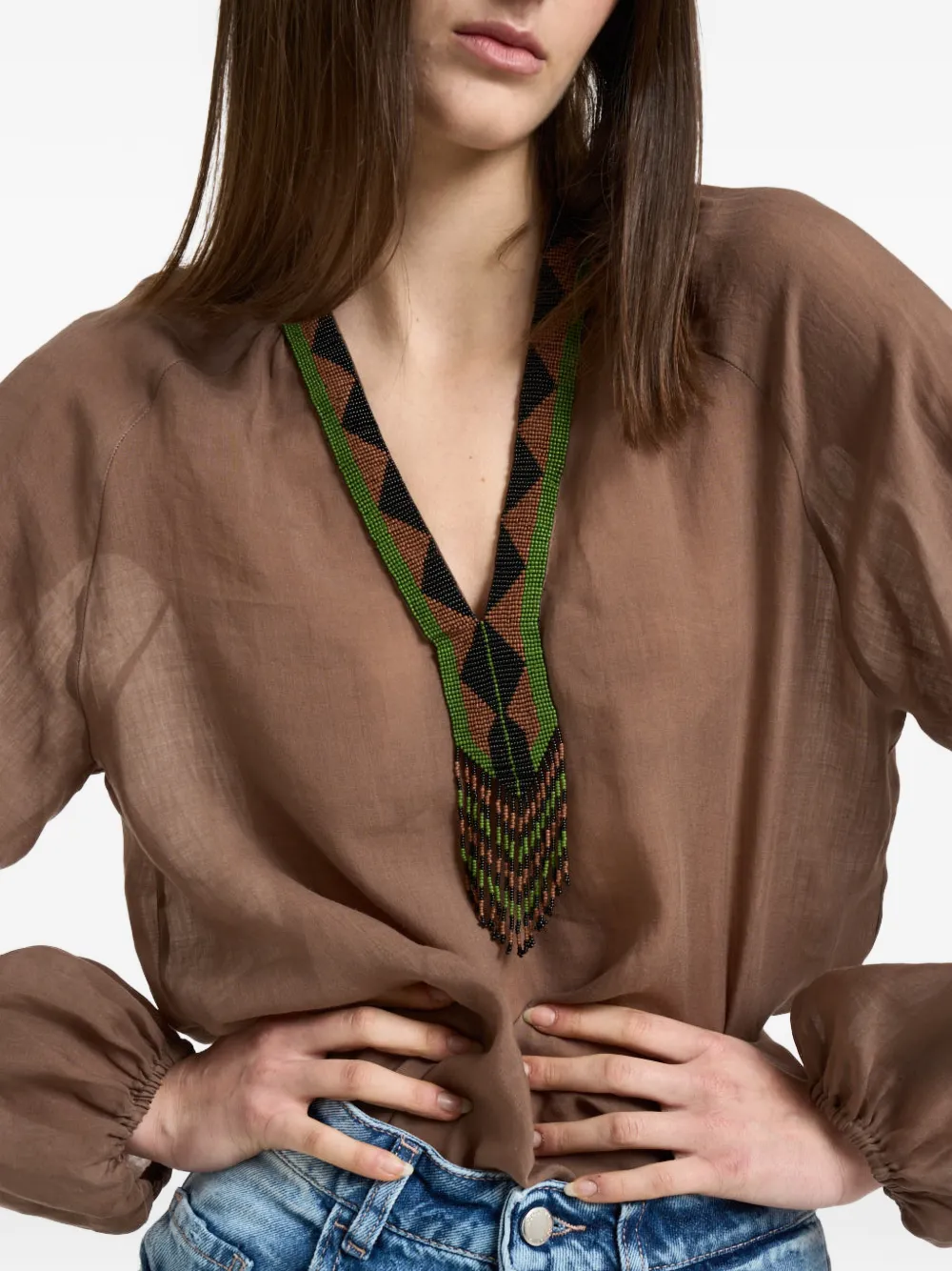 Beaded-Detail V-Neck Blouse