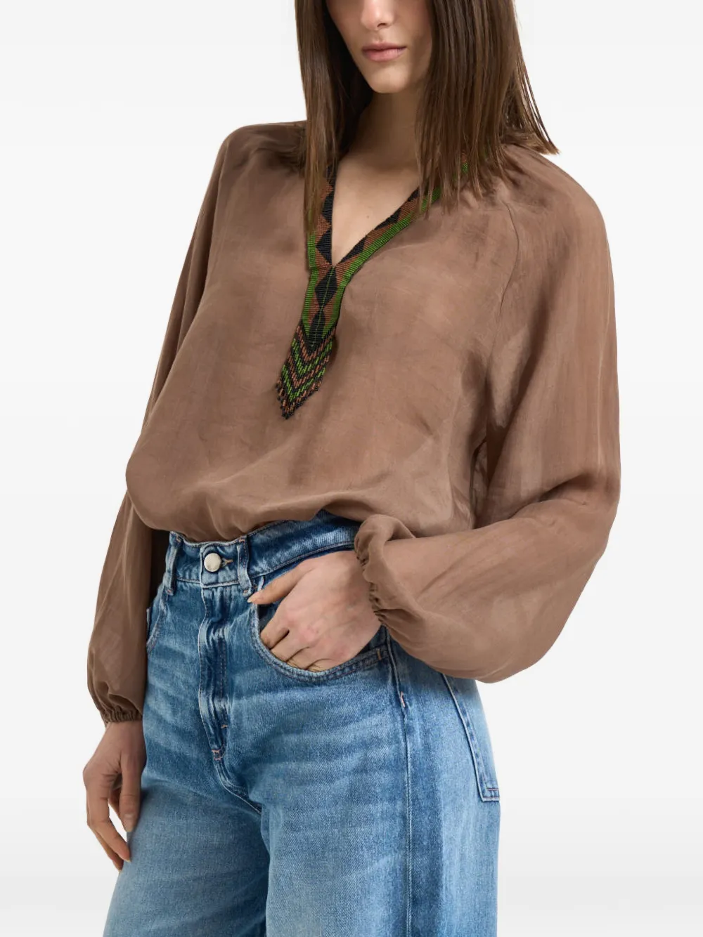 Beaded-Detail V-Neck Blouse