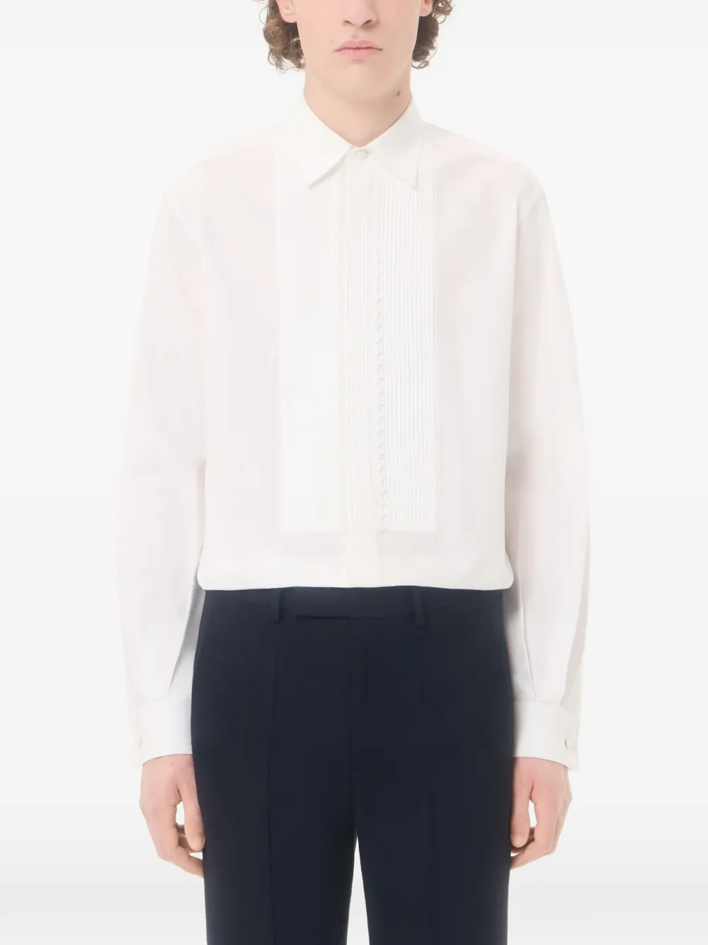  Valentino Garavani Camicia In Popeline Di Cotone Con Plastron Plissettato E Dettagli In Pizzo - Bianco 