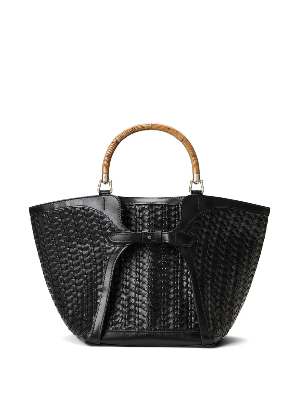 Ralph Lauren Collection Leren shopper met gevlochten houten handgreep Zwart