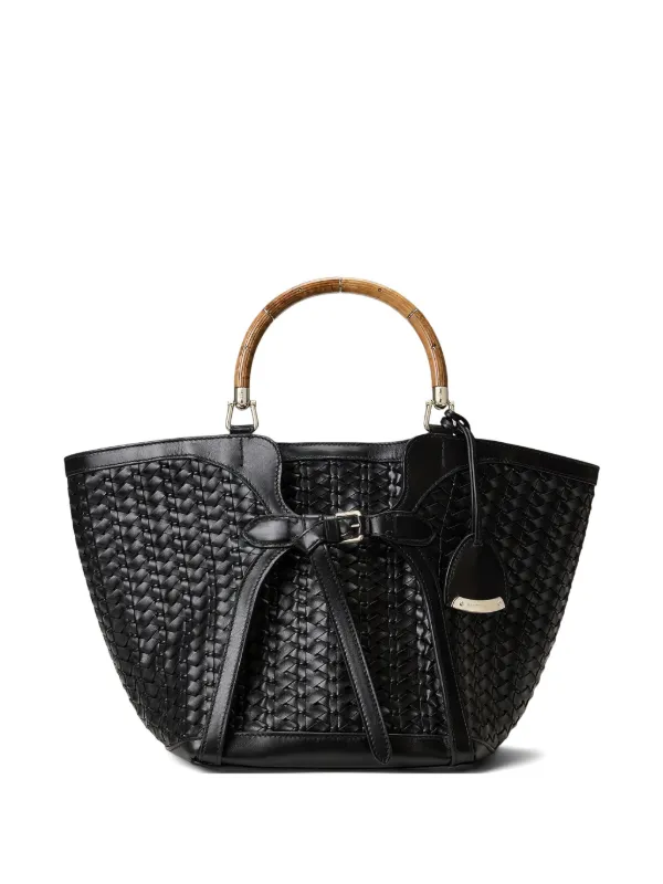 Ralph Lauren Collection Braided Wooden Top Handle Leather Tote in Black