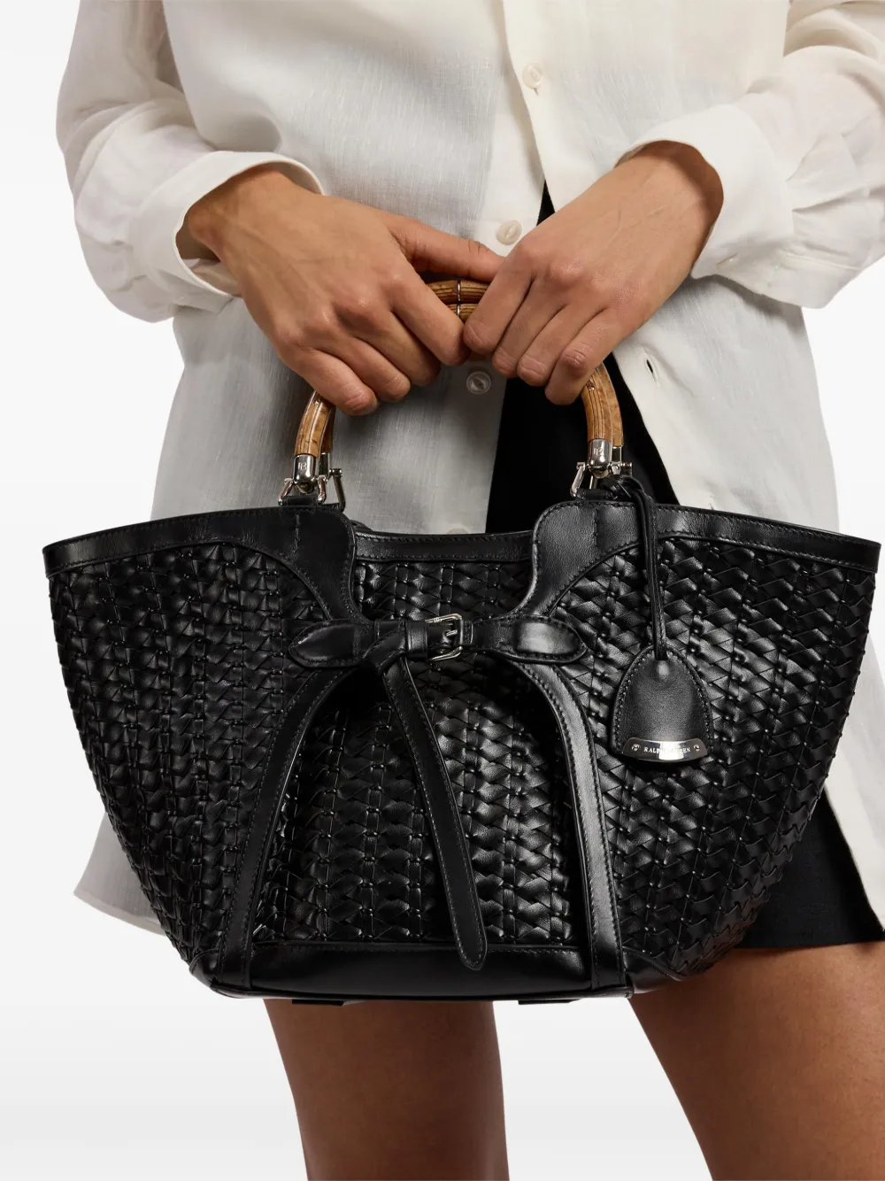 Ralph Lauren Collection Leren shopper met gevlochten houten handgreep Zwart
