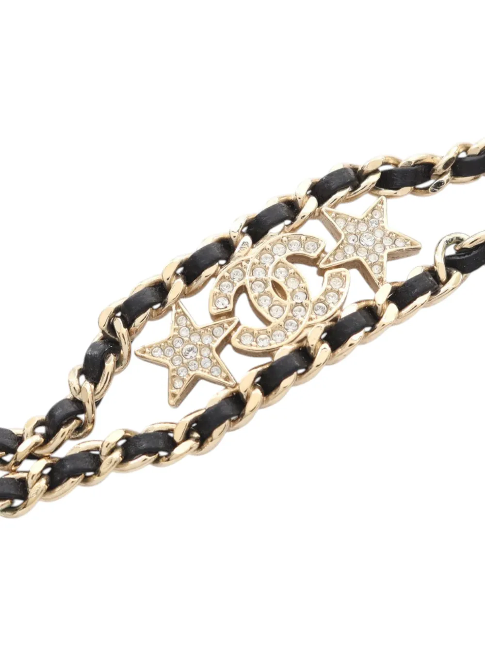  Chanel Pre-owned Choker A Catena Cc Placcato Oro Con Dettagli In Pelle Intrecciata E Strass 2023 - Nero 