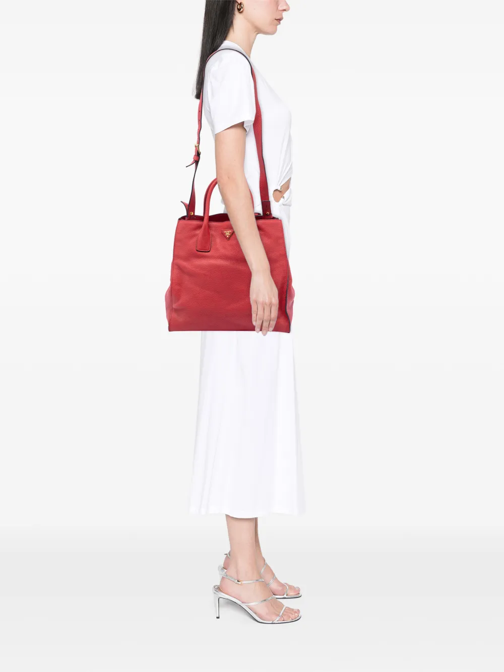  Prada Pre-owned 2015-2026 Vitello Daino Open Convertible Tote Satchel - Red 