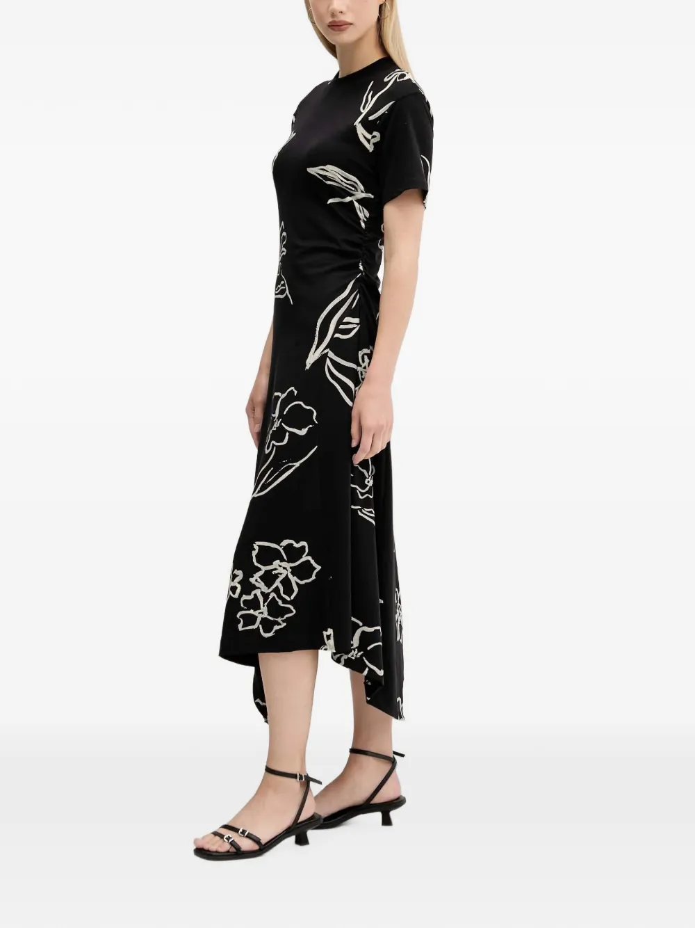 Desigual Asymmetrische gesmockte jurk met bloemenprint Zwart