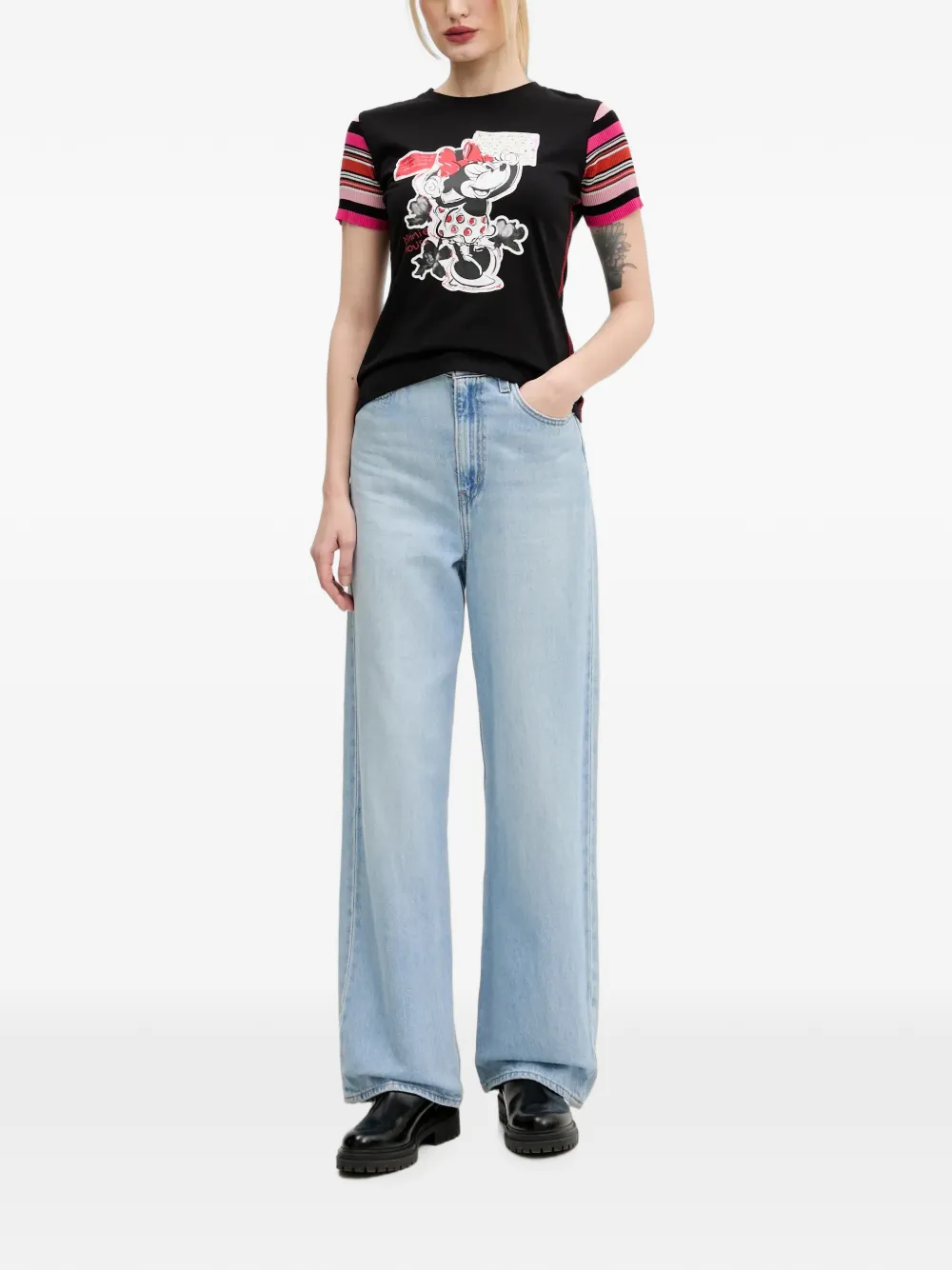 Desigual T-shirt met gestreepte mouwen en grafische print Zwart