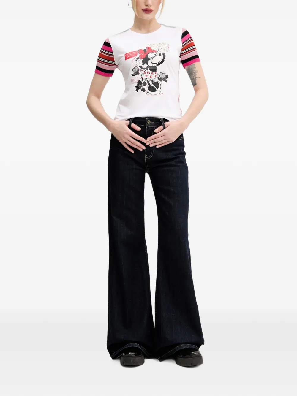 Desigual Minnie Mouse T-shirt met gestreepte mouwen Wit