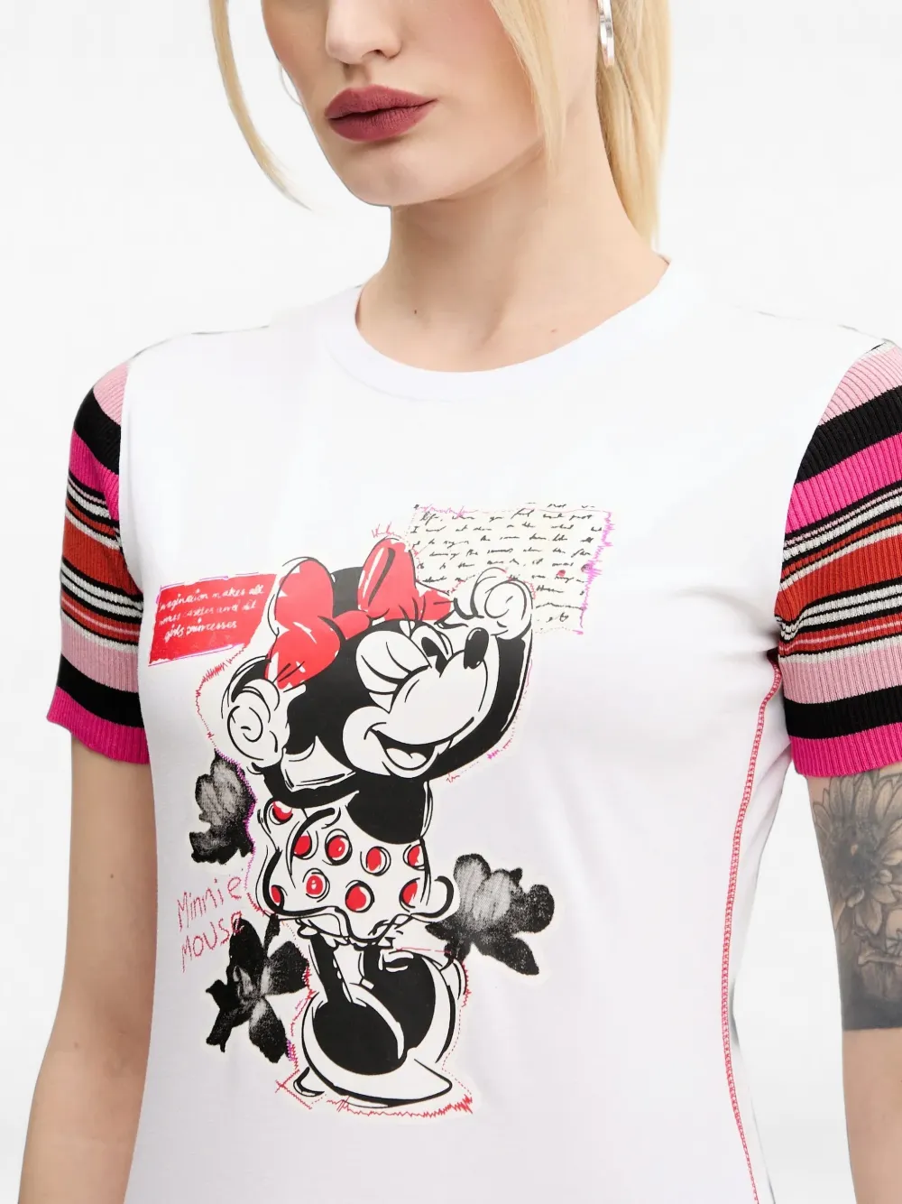 Desigual Minnie Mouse T-shirt met gestreepte mouwen Wit