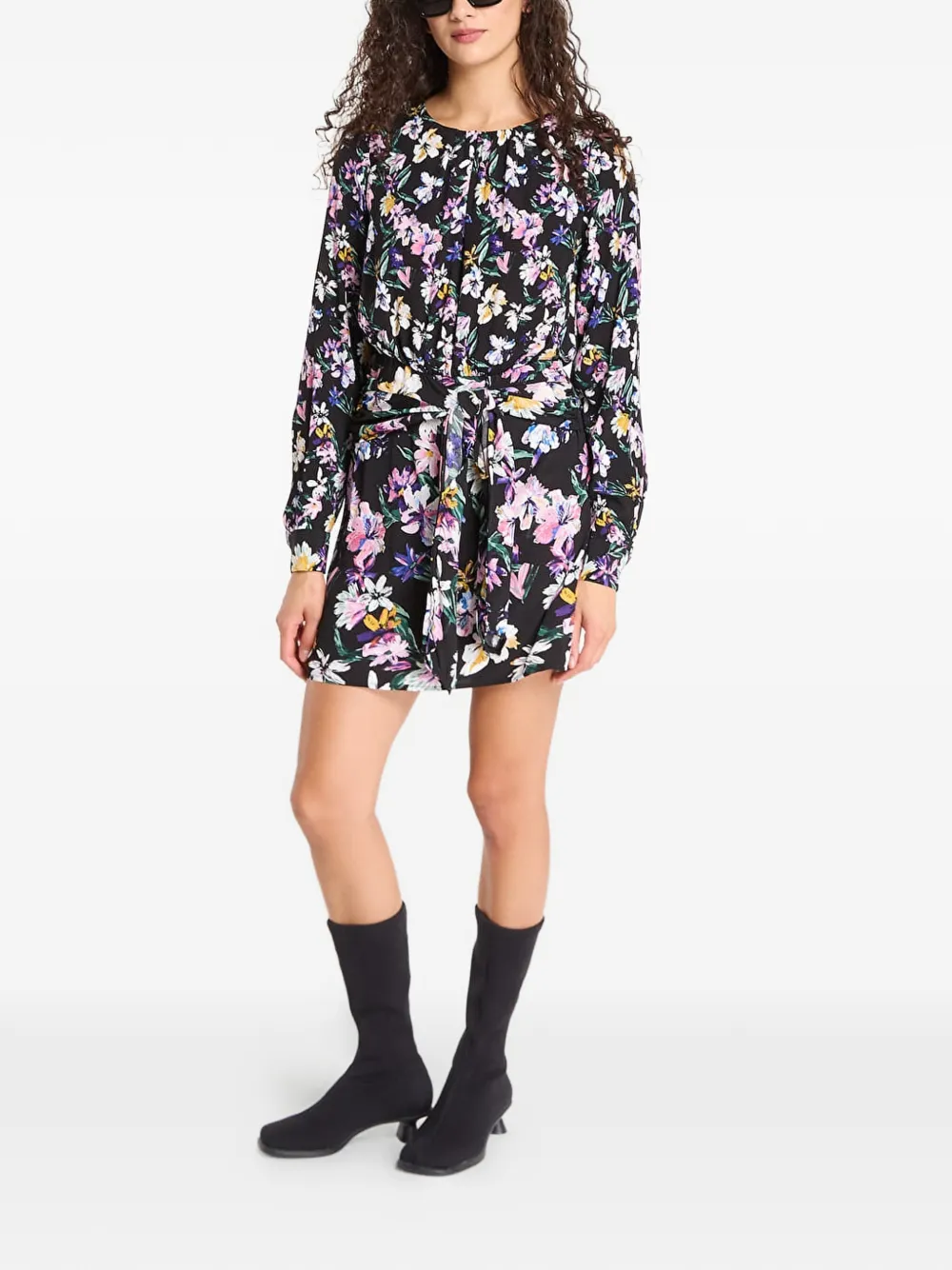 Desigual Jurk met bloemenprint en gestrikte taille Zwart