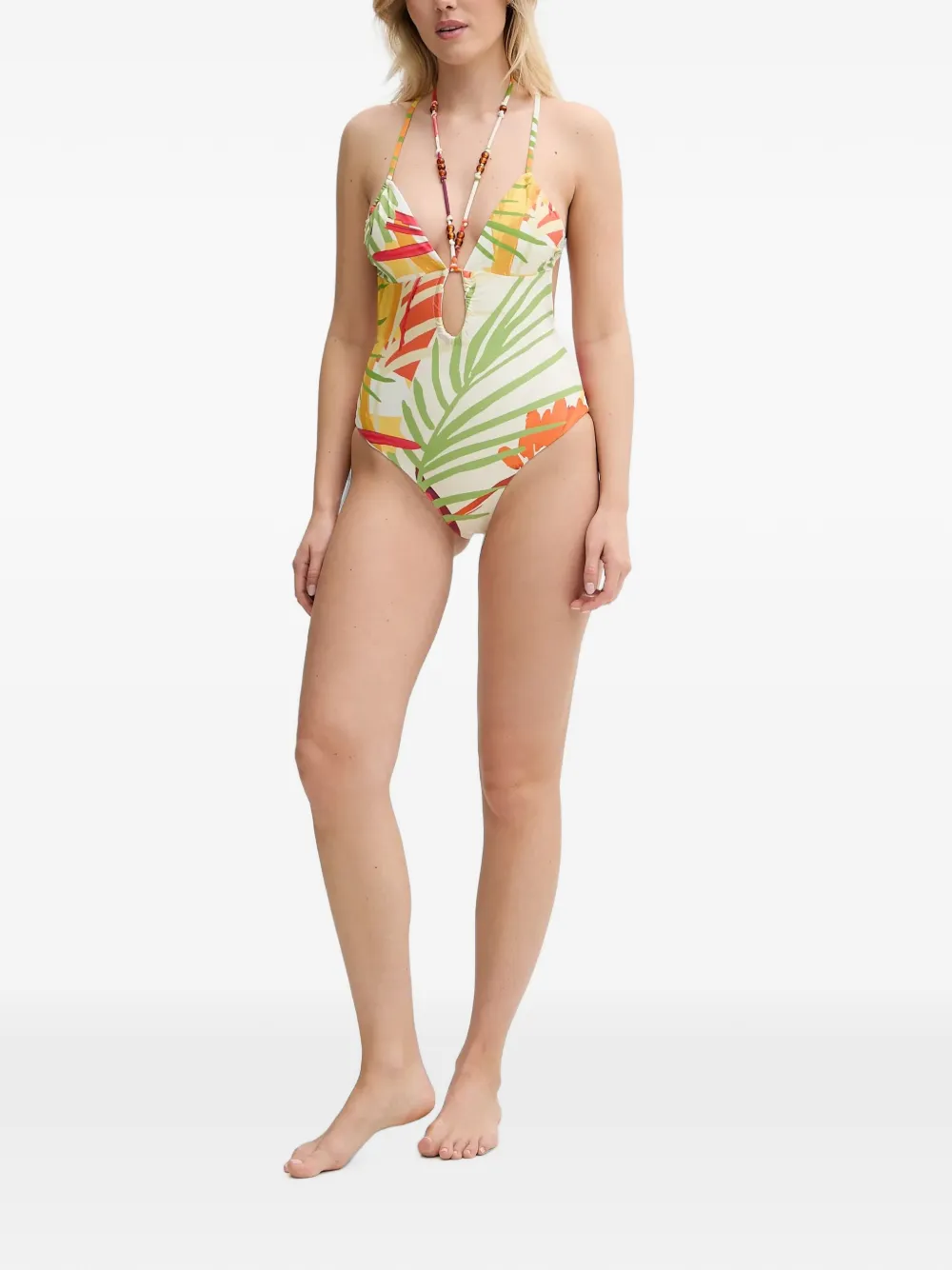 Desigual Badpak met tropische print en verfraaid met kralen Beige